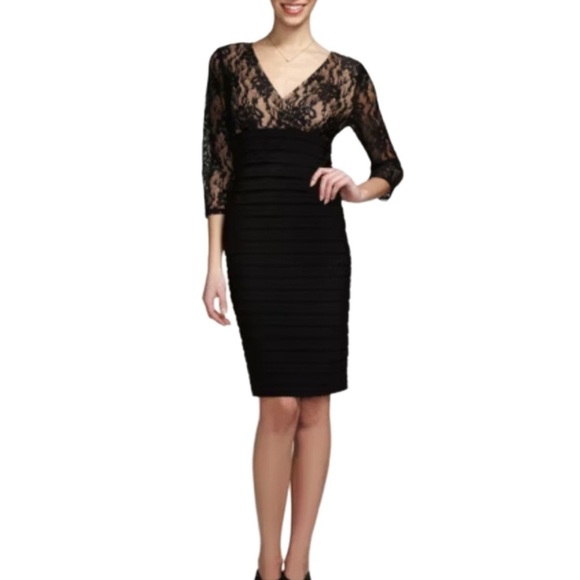 TADASHI Collection Vintage Black Lace Silk Shirred Cocktail Dress Size 4 - Picture 1 of 14